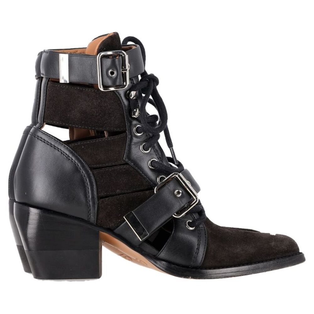 Chloé Rylee Cutout Ankle Boots in Black Suede and Leather